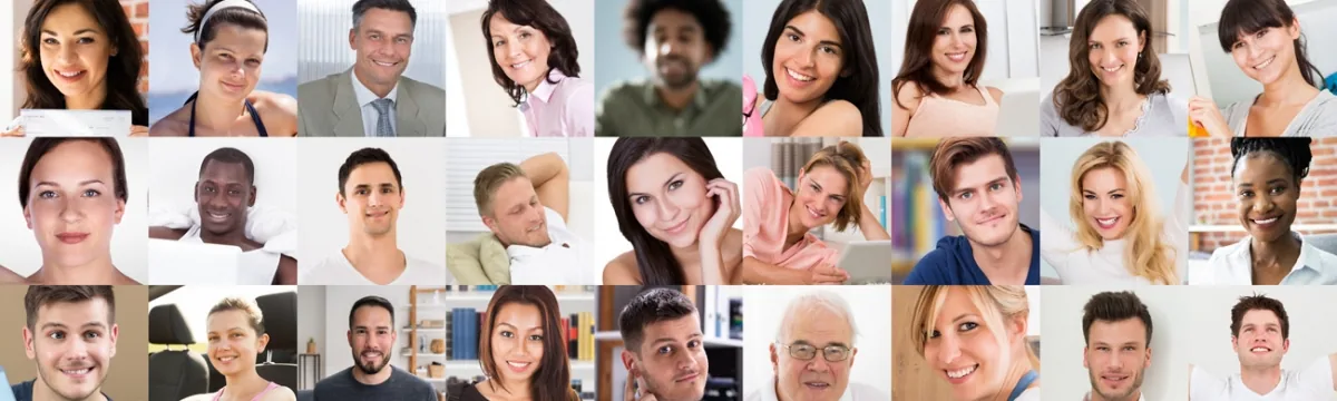 Grid of 30 diverse headshots showing men and women of various ages and ethnicities smiling at camera